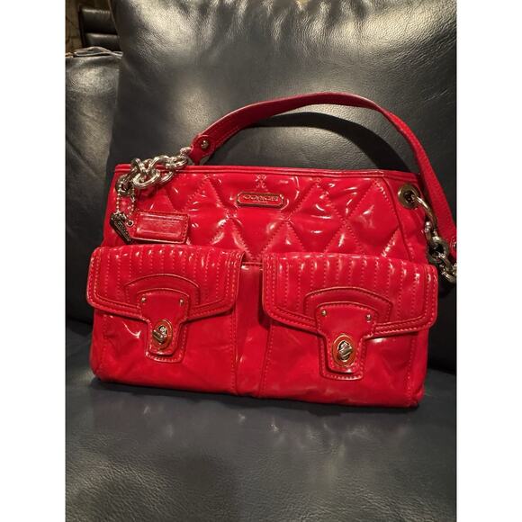 Coach Poppy Red Liquid Gloss Patent Leather Quilted Handbag - Picture 1 of 7